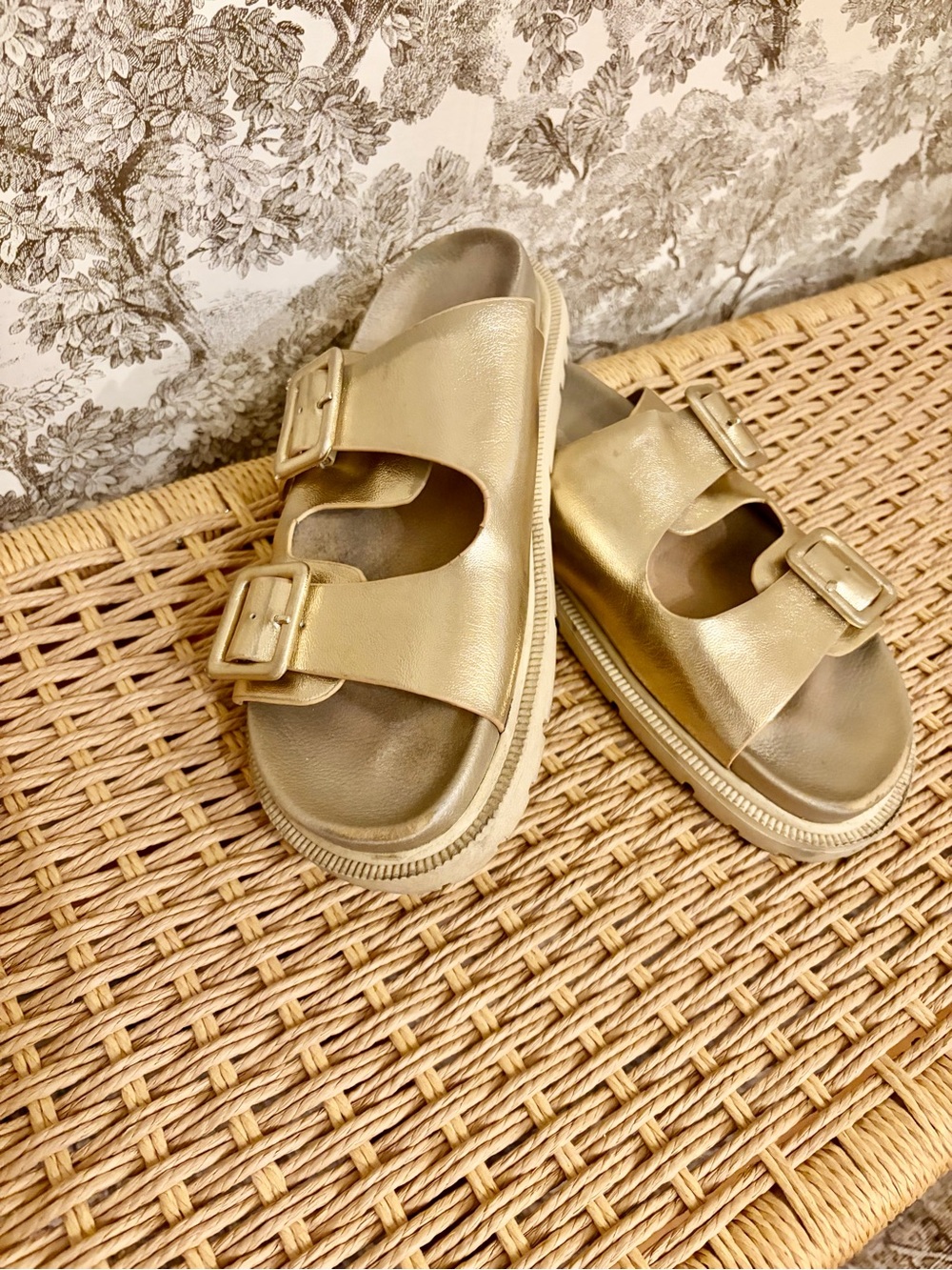 MIA Gold Double-Buckle Slide Sandals